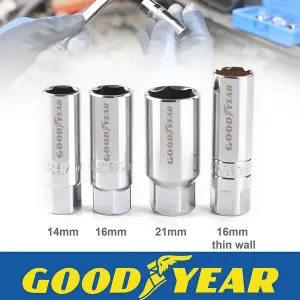 Goodyear 4pc Spark Plug Socket Set With Rubber Plug Retention External Hex