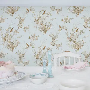 Shabby Chic by Rachel Ashwell Bird Chinoiserie Blue Gold Floral Wallpaper