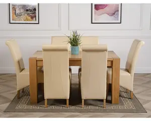 Kuba 150 x 85 cm Chunky Medium Oak Dining Table and 6 Chairs Dining Set with Montana Ivory Leather Chairs