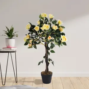 Yellow Garden Decoration Artificial Rose Flower Tree in Black Pot 90cm