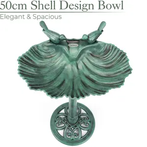 Garden Bird Bath Clam Shell Birdbath With Rustic Metal Effect Green H81cm Christow