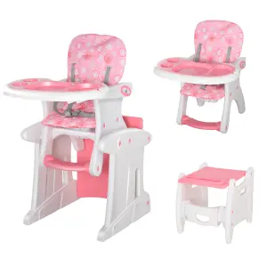 HOMCOM 3-in-1 Convertible Baby High Chair Booster Seat w/ Removable Tray Pink