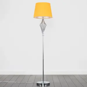 ValueLights Jaspa Polished Chrome Metal Wire Geometric Diamond Design Floor Lamp with Mustard Shade