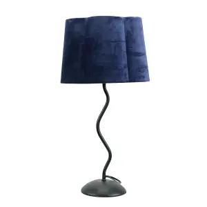 ValueLights Wiggle Black Metal Single Stem Table Lamp with Navy Blue Velvet Scallop Lamp Shade and LED Bulb