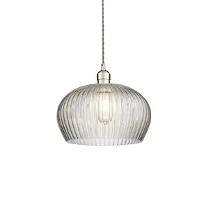 Luminosa Livorno Dome Pendant Ceiling Light Bright Nickel Plate, Clear Ribbed Glass