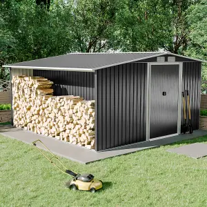 10 x 8 ft Metal Shed Garden Storage Shed Apex Roof Double Door with 9.8 x 2.1 ft Outdoor Log Storage Store,Black