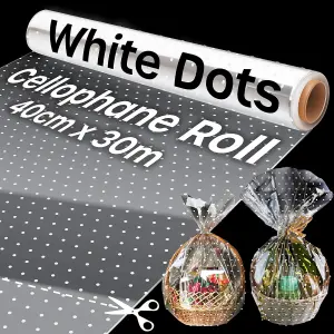 30m Polka Dot Cellophane Wrap Roll for Hampers, Clear Christmas Wrapping Paper for Gifts, Bouquets, & Baskets - 40cm Wide