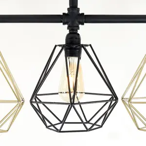 ValueLights Luiggi Industrial 5 Way Satin Black Pipework Ceiling Light with Black and Gold Cage Shades