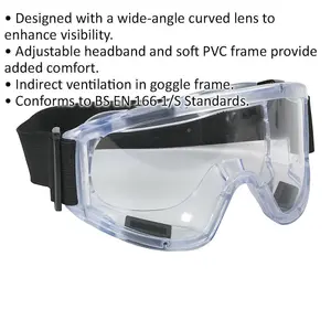 Wide Angled Safety Goggles - Indirect Ventilation - Adjustable Headband - Clear