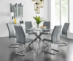 Furniturebox UK Novara Chrome Metal And Glass Large Round Dining Table And 6 Elephant Grey Lorenzo Chairs Set