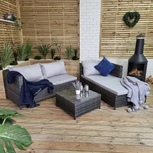 3PC 4 Seater Brown Rattan Chair Garden Sofa Set Daybed With Grey Cushions and Glass Top Coffee Table