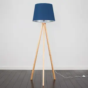 ValueLights Modern Light Wood Tripod Design Floor Lamp With Navy Blue Shade