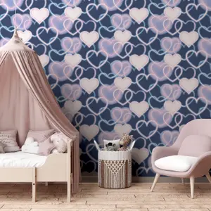 Arthouse Cool Neon Style Heart Print Wall Navy Pink Wallpaper 925605