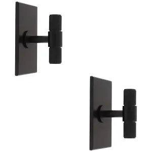 2 PACK - Reeded T Bar Cabinet Door Knob & Matching Backplate Lined Matt Black 76 x 40mm