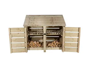 Slatted wooden log store with door and kindling shelf W-146cm, H-126cm, D-88cm - natural (light green) finish