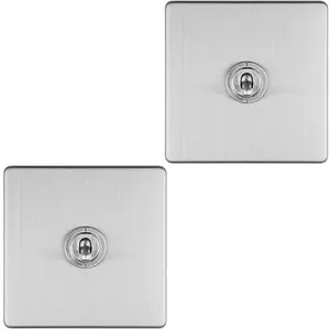 2 PACK 1 Gang Single Retro Toggle Light Switch SCREWLESS SATIN STEEL 10A 2 Way