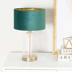 ValueLights Jessy Glass with Gold Trim Table Lamp with Forest Green Velvet with Gold Inner Lamp Shade