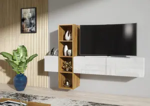 Wally TV Unit 180cm Oak & White with High Gloss Doors - Creative Furniture