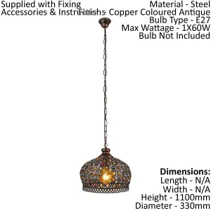 Hanging Ceiling Pendant Light Antique Copper & Coloured Glass 1 x 60W E27 Bulb