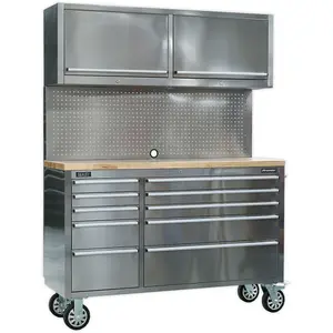 Mobile Stainless Steel Tool Cabinet with 10 Drawers and 2 Cupboards - 1475 x 505 x 1860mm