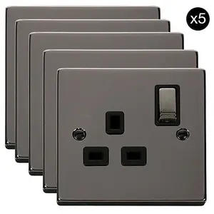 5 PACK - Black Nickel 1 Gang 13A DP Ingot Switched Plug Socket - Black Trim - SE Home