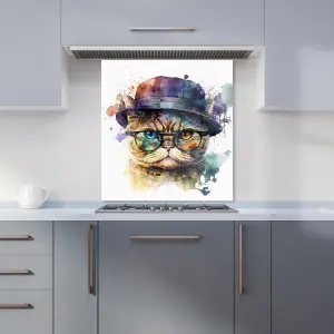 Shorthair Cat With Glasses Splashart Premium Glass Kitchen Splashback W900mm x H750mm