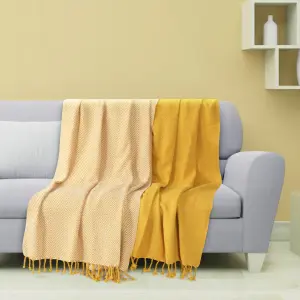 EHC Luxury Pack of 2 Chevron Cotton Single Sofa Throw Blanket, 125x 150cms - Yellow