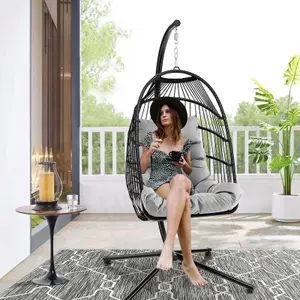 COSTWAY Indoor Outdoor Hanging Chair Patio Swing Egg Chair W/ Stand & Cushion