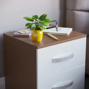 Arkadij 2 Drawer Beside Table With Metal Runners, Modern Bedroom Storage Cabinet White/Walnut