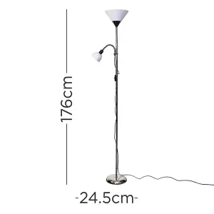 ValueLights Mozz Black Brushed Chrome 2 Way Parent & Child Uplighter and Spotlight Design Floor Lamp - with 2 x LED Bulbs