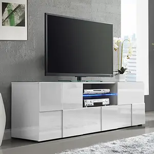 Aspen TV Stand With Storage for Living Room and Bedroom, 1810 Wide, LED Lighting, Media Storage, White High Gloss Finish