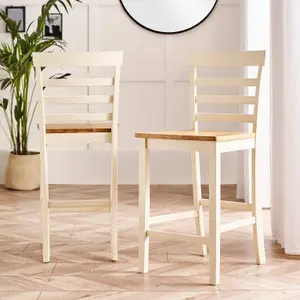 Furniturebox UK Rye Cream Painted Solid Wood Bar Table With Oak Colouur Top and 2x Matching Bar Chairs Dining Set