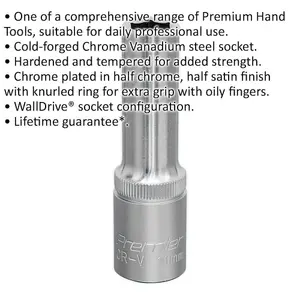 Premium 11mm Deep Drive Socket - 1/2 Inch Square Chrome Vanadium Tool