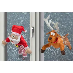 Celebright Christmas Crashing Santa and Reindeer Animated Decoration - Father Christmas and Rudolph Smash - Fits Any Window