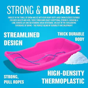 Set of 2 Kids Heavy Duty Pink Snow Sledges - For Kids and Adults, Winter Toboggan Sleigh Sled With Rope