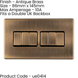 5 PACK 6 Gang Multi Light Switch SCREWLESS ANTIQUE BRASS 2 Way 10A Slim Rocker