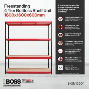 RB BOSS Garage Shelving Unit 4 Shelf MDF Red & Black Powder Coated Steel (H)1800mm (W)1600mm (D)600mm