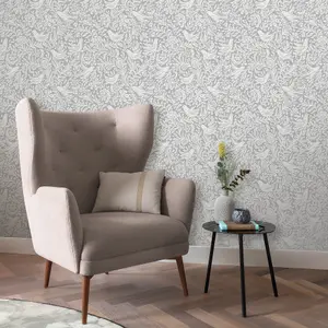 Rasch Grey Birds & leaves Embossed Wallpaper