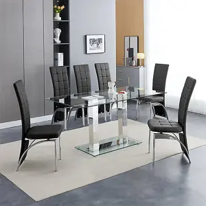 Furniture In Fashion Jet Large Clear Glass Dining Table With 6 Ravenna Black Chairs