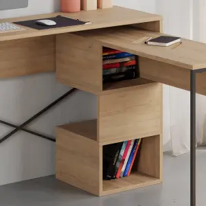 Decortie Modern Badau L-Shaped Computer Desk Oak Black Metal Legs 3 Adjustable Storage Shelf Extra Table 110cm(W) Work PC Office