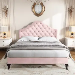 Upholstered Bed 135x190 with Slatted Frame and Height-adjustable Headboard, Double Bed, Velvet, Pink