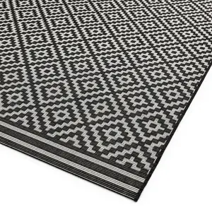 Black Outdoor Rug, Geometric Stain-Resistant Rug For Patio Decks Garden Balcony, 4mm Modern Outdoor Rug-80cm X 150cm