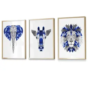 GEOMETRIC set of 3 Navy Blue & Grey Art Prints Jungle Heads Giraffe Lion Elephant / 42x59cm (A2) / White Frame