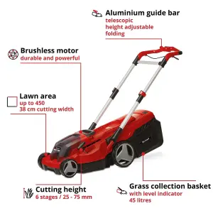 Einhell 38cm Cordless Lawnmower 36V Rotary With 2x 4.0Ah Batteries And Charger Power X-Change 45L Grass Box - RASARRO 36/38