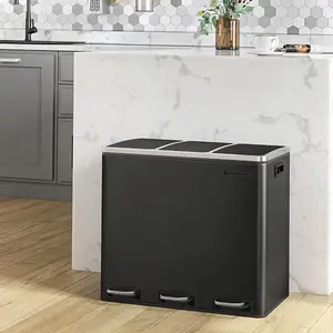 SONGMICS Kitchen Rubbish Bin, Waste Separation System, 3 Compartments, Waste Bin, Pedal Bin, Steel, Black