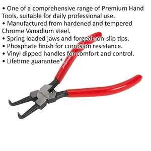 180mm Bent Nose Internal Circlip Pliers - Spring Loaded Jaws - Non-Slip Tips