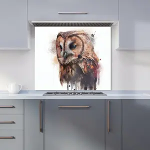 Tawny Owl Face Splashart Light Background Premium Glass Kitchen Splashback W900mm x H750mm