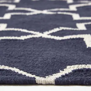 Homescapes Edmonton Navy Blue and White 100% Cotton Geometric Pattern KIlim Rug, 66 x 200 cm