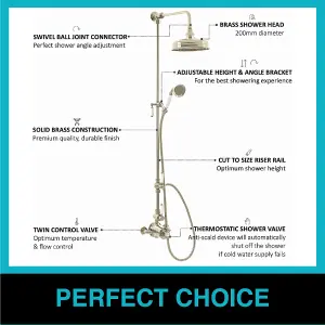 ENKI Downton English Gold White Traditional 2-Outlet Brass Thermostatic Shower Set 200mm