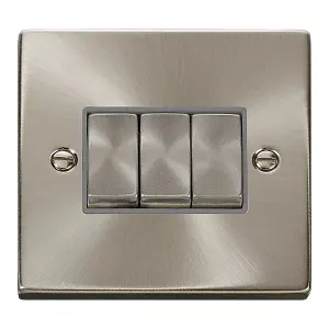 Satin / Brushed Chrome 10A 3 Gang 2 Way Ingot Light Switch - Grey Trim - SE Home